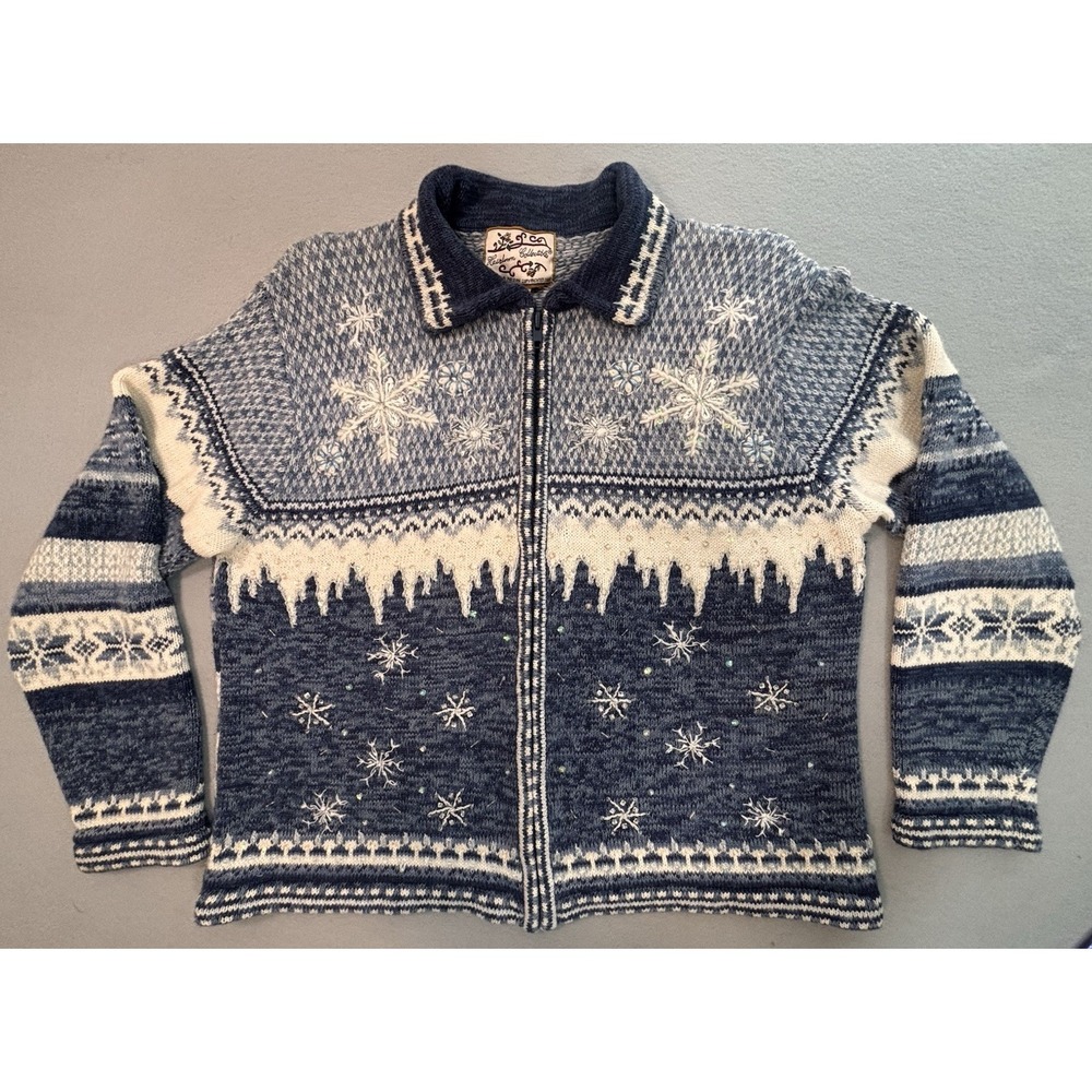 Vtg Heirloom Collectibles Snowflake Zip Cardigan Sweater L Blue Nordic Beads